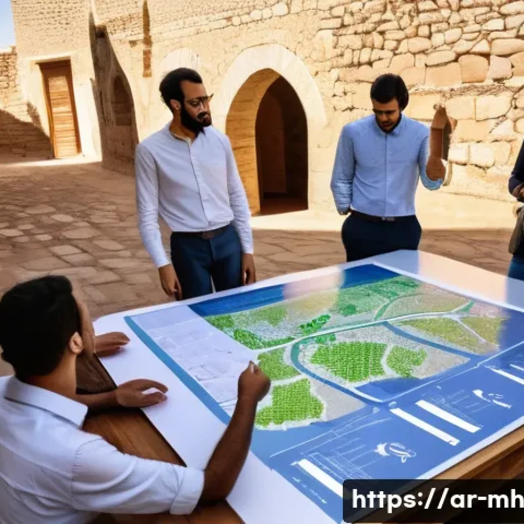 참여형 연구의 수익 모델 개발 - A wide-angle, vibrant image set in a sunny courtyard of an old Arab village, bustling with diverse c...