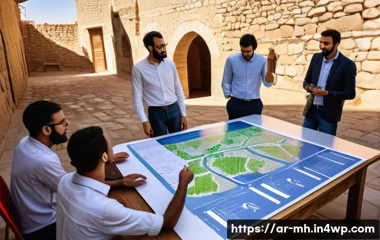 참여형 연구의 수익 모델 개발 - A wide-angle, vibrant image set in a sunny courtyard of an old Arab village, bustling with diverse c...