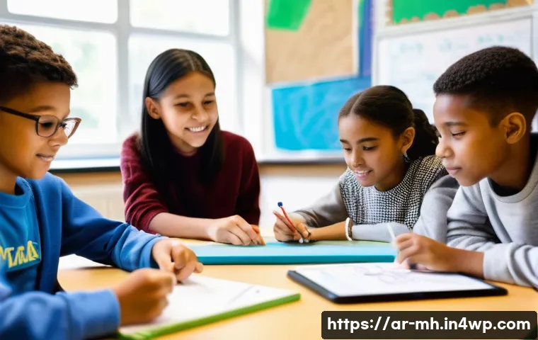 참여형 연구의 교육적 접근 - **Prompt:** A vibrant, dynamic classroom scene where students are actively collaborating in small gr...