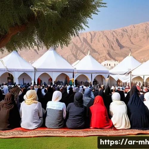 참여형 연구의 커뮤니티 중심 접근 - A vibrant community meeting in a Middle Eastern village setting, featuring diverse groups of Arabic-...