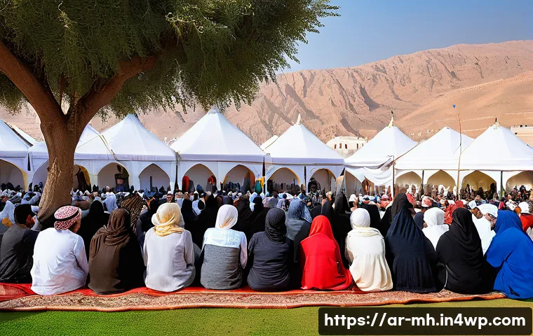 참여형 연구의 커뮤니티 중심 접근 - A vibrant community meeting in a Middle Eastern village setting, featuring diverse groups of Arabic-...
