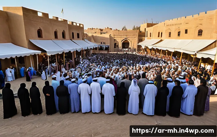 참여형 연구의 문화적 접근 - A vibrant community gathering in a traditional Middle Eastern village setting, with diverse groups o...