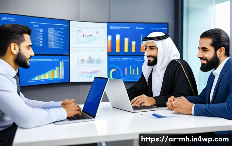 참여형 연구에서의 데이터 관리 방법 - A professional Middle Eastern research team collaborating in a modern office setting, surrounded by ...