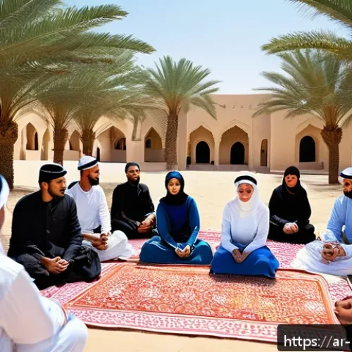 참여형 연구 방법론의 글로벌 비교 - A vibrant community meeting in a traditional Arab village setting, featuring men and women dressed i...