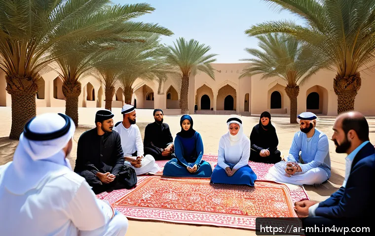 참여형 연구 방법론의 글로벌 비교 - A vibrant community meeting in a traditional Arab village setting, featuring men and women dressed i...