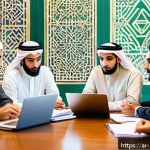 참여형 연구에서의 이해관계자 참여 증진 방안 - A vibrant community meeting scene in a Middle Eastern urban setting, showing diverse Arabic-speaking...