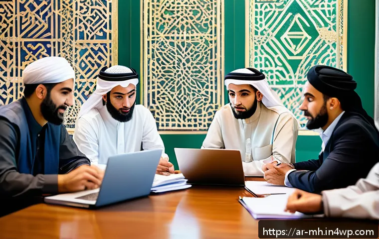 참여형 연구에서의 이해관계자 참여 증진 방안 - A vibrant community meeting scene in a Middle Eastern urban setting, showing diverse Arabic-speaking...