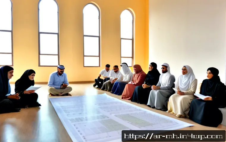 참여형 연구와 공공 정책 실현 - Photorealistic community research workshop in a modern Arab municipal hall, diverse Arab adults incl...